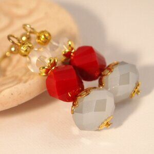 Faceted Glass Earrings Red and Grey Dangle Pierced or Clip-on Earrings